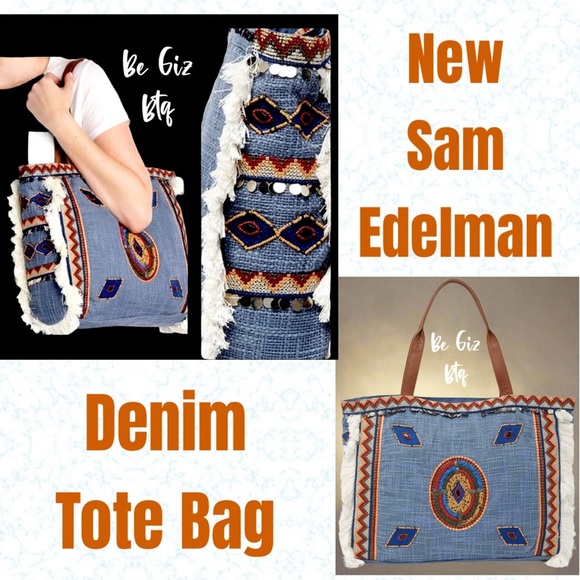 NWT Sam Edelman Denim Tote Bag With Vibrant Geometric Shape Trim - Picture 1 of 14
